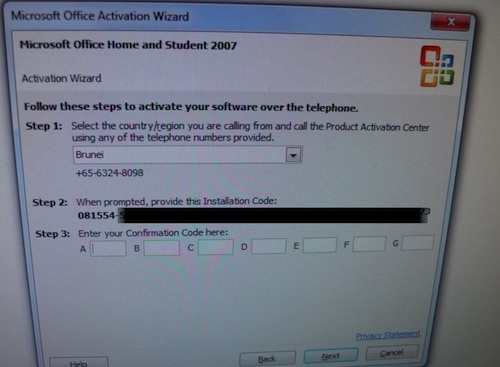 microsoft office enterprise 2007 activation wizard confirmation code